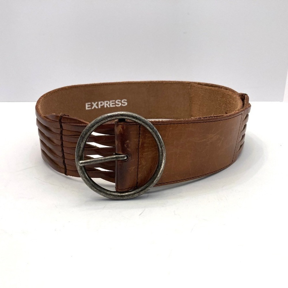 Express Wide Leather Belt Brown Weave Silver Buckle Patina Womens Large Boho